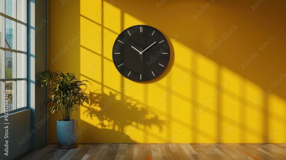 Poster a black clock hangs on a yellow wall, with sunlight streaming through a window, casting shadows on t