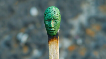 It's a green, small, human-like head sculpture on a burnt matchstick.

