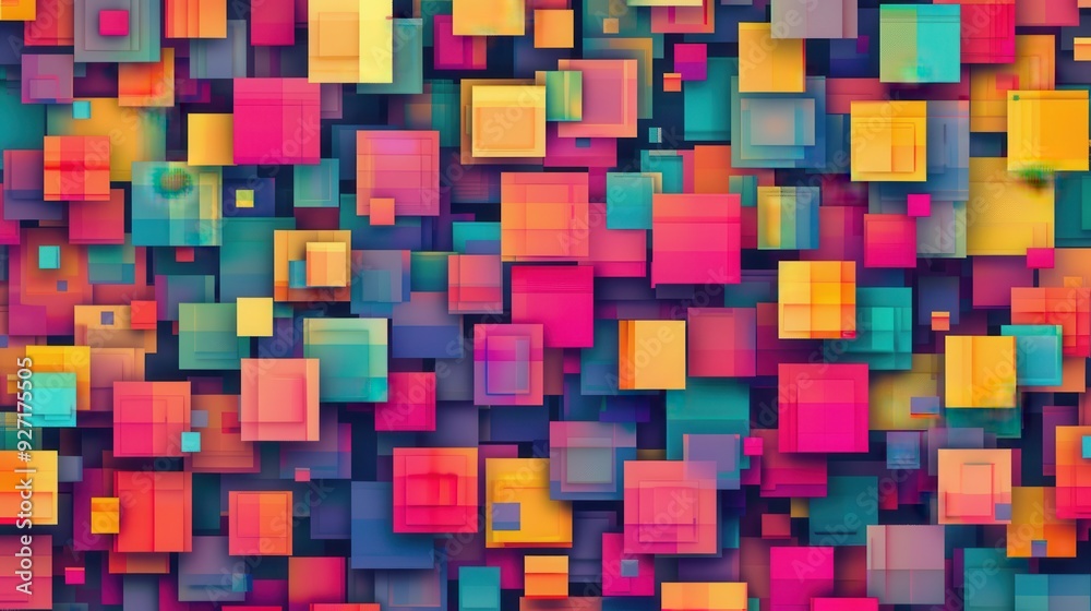 Fototapete A vibrant background made of numerous colorful squares arranged in a random pattern, creating a dynamic and abstract design. The squares are layered and slightly overlapping, giving depth and dimensio