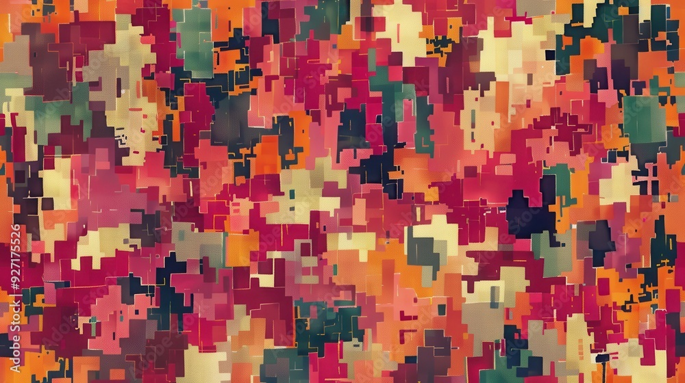 Poster a digital art piece depicting a colorful pixel pattern background with shades of red, orange, yellow