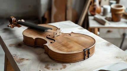 This is a brown, shiny violin, resting on a wooden surface.

