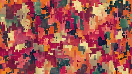 Fototapeta premium A digital art piece depicting a colorful pixel pattern background with shades of red, orange, yellow, green, and blue. The blocks are irregular in size and shape.