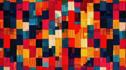 A vibrant abstract pattern featuring a mix of red, orange, yellow, blue, and black rectangles. The rectangles are arranged in a seemingly random order, creating a dynamic and visually stimulating desi