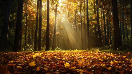 Obraz premium A serene forest scene featuring golden light filtering through vibrant autumn leaves, creating a tranquil and picturesque atmosphere.