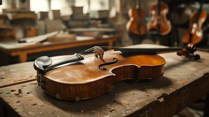 This is a brown, shiny violin, resting on a wooden surface.

