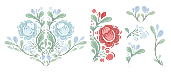 Vector set of decorative floral clipart isolated on white background. Geometric ornate floral illustrations with foliage and flowers for invitations, cards and stickers