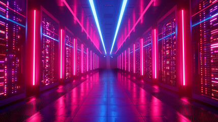 This is a long, narrow room with rows of servers, lit with pink and blue neon lights.

