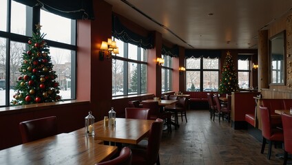 Interior of an empty restaurant with Christmas tree