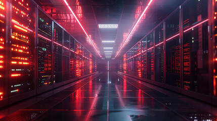 This is a long, narrow room with rows of servers, lit with pink and blue neon lights.

