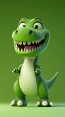 Fototapeta premium Friendly green cartoon Tyrannosaurus Rex character standing and smiling against a solid green background.