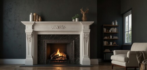 Large traditional fireplace with roaring fire. Empty mantle piece mockup shelf