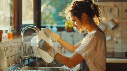 A woman in a kitchen is washing something in a pot. She is wearing an apron and gloves.

