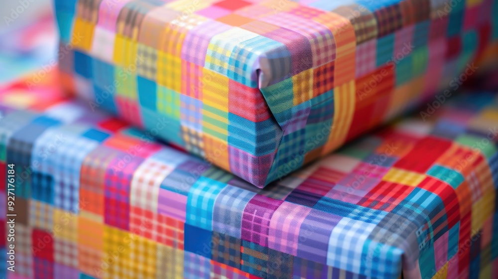 Aufkleber a close up of a stack of colorful plaid patterned gift wrap. the top gift is slightly out of focus, 