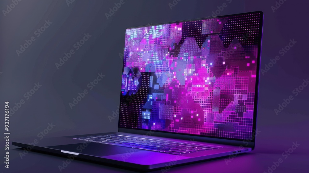 Aufkleber a modern laptop sits on a dark surface with its screen displaying a vibrant abstract digital artwork