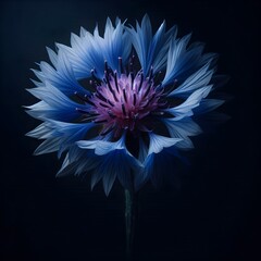 Blue cornflower blooms under soft light with dark background