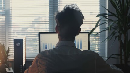 Fototapeta premium A professional works diligently at his desk, analyzing graphs on his monitor, with blinds filtering the soft morning light.