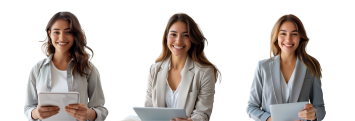 Female businesswoman working with tablet on transparent background