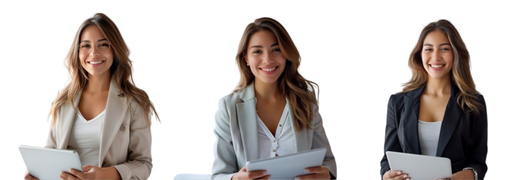 Female businesswoman working with tablet on transparent background - Powered by Adobe