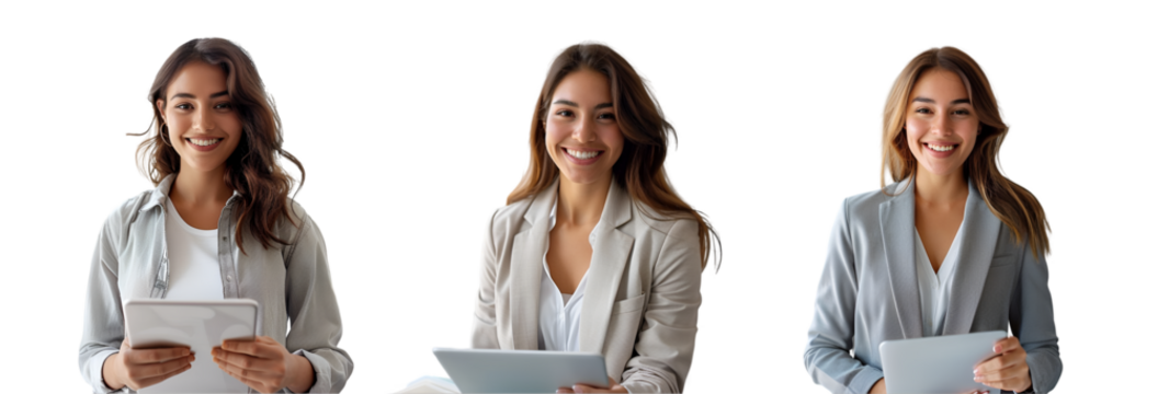 Female businesswoman working with tablet on transparent background
