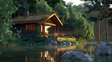 Obraz premium Modern cabin nestled amidst lush greenery on tranquil lake.