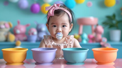 A top view of a baby feeding set on a colored background showcases infant dinnerware, ideal for mealtime flat lay.