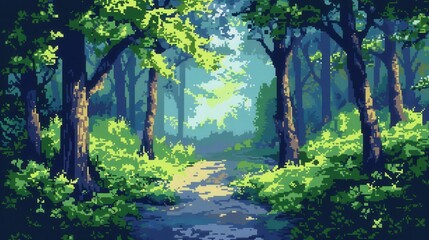 Fototapeta premium A pixelated scene depicts a sun-dappled forest, the light filtering through the lush green leaves of the trees. A dirt path winds its way through the forest, inviting the viewer to explore its depths.