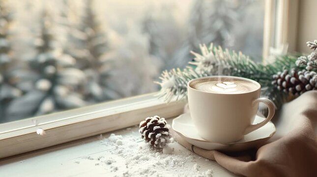 A cup of coffee sitting on a table by a winter window, with snow gently falling outside, creating a cozy and inviting atmosphere for Seamless looping 4k time-lapse virtual video animation Generated AI