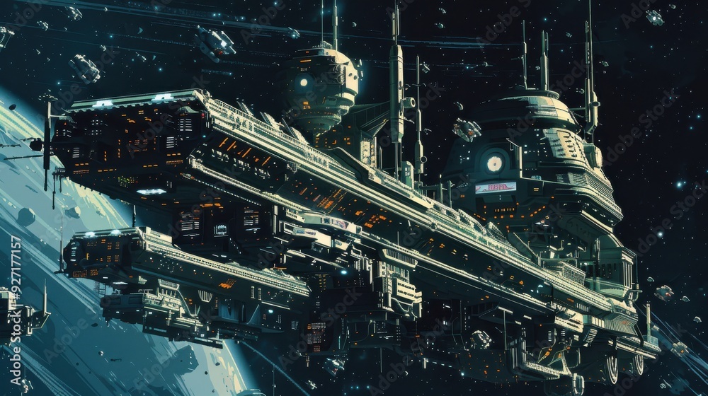 Poster a large, futuristic spaceship, with multiple decks and a large, central control tower, orbits a gas 