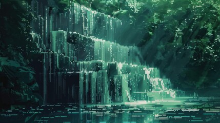 A digital waterfall cascades down a series of steps, surrounded by lush, green foliage. The scene is bathed in a soft, ethereal glow, creating a dreamlike atmosphere. The water is pixelated, creating 