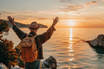 Fototapeta premium A person with arms raised joyfully watching a sunset over the ocean.
