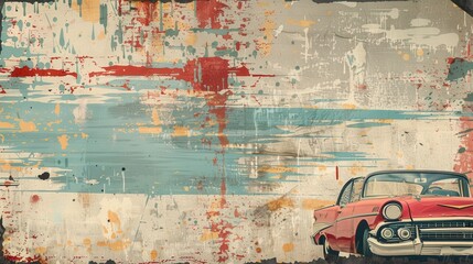 A classic red car sits against a weathered wall covered in layers of distressed paint. The paint is chipped and faded, showing a colorful history of brushstrokes. The car is a vintage model, with chro