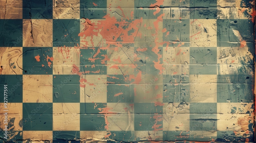 Poster a close-up view of a checkerboard pattern painted on a weathered brick wall. the paint is faded and 