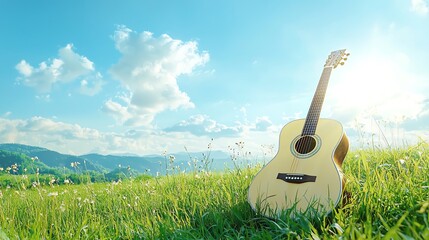 A serene scene featuring a guitar resting in a sunlit meadow, capturing the essence of tranquility...