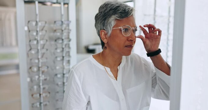 Glasses, shopping and mirror with senior woman with check and optometrist with eye test. Decision, customer and store with prescription eyewear and lens with frame choice and smile at a retail shop