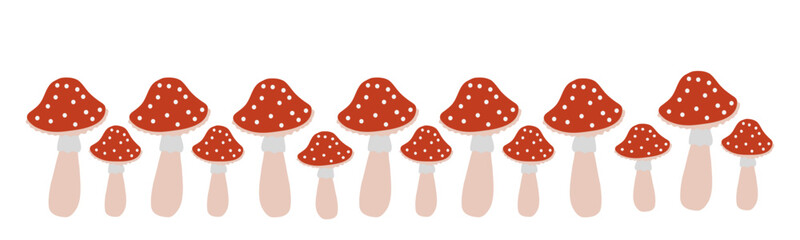 Colorful red mushrooms with white spots growing in a line against a plain background