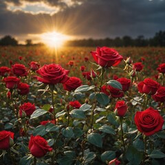 A golden rose standing tall among a field of red roses, with rays of sunlight shining down.

