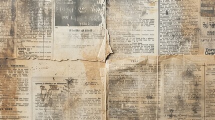 Obraz premium Several newspaper pages are shown, with some pages torn and partially folded over, exposing the text below. The pages are worn and aged, with brown stains and some faded text.