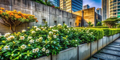 Fototapeta premium urban jungle, bold colors, gardenia flowers, modern concrete border, high contrast, dynamic composition, urban grit, industrial chic style, urban renewal theme