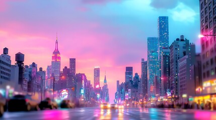 Obraz premium A vibrant city skyline with colorful lights at dusk, showcasing modern architecture and the beauty of urban life.