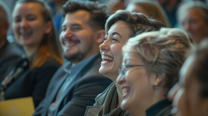 Obraz premium Candid happy diverse young senior female male businesspeople entrepreneur colleague audience at business forum event staff training listen to speech by successful coach making funny good humor jokes. 
