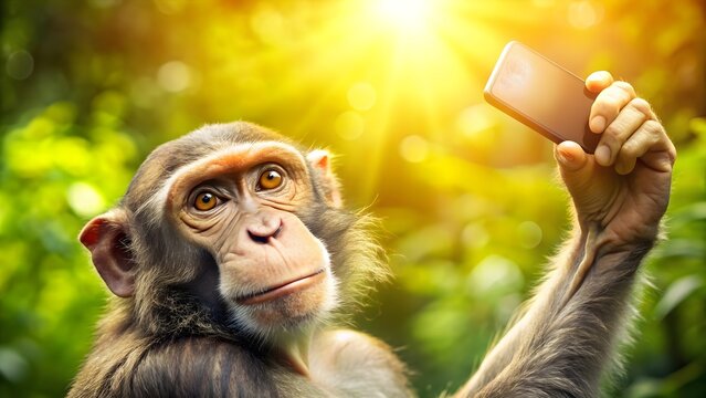 Monkey taking selfie with smartphone against green sunny background, Monkey, selfie, smartphone, technology, nature, animal