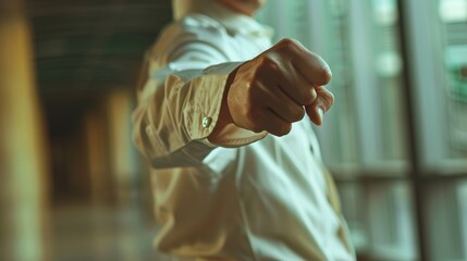 Obraz premium An outstretched, clenched fist in shirt sleeve represents determination, readiness, and a powerful stance, set within a modern interior.