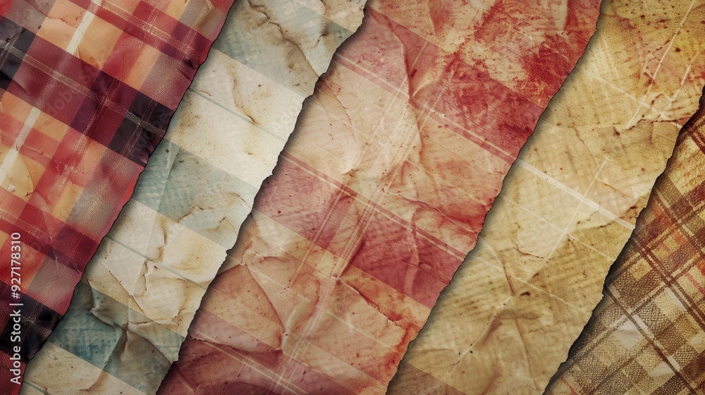 Poster a close-up image of five torn pieces of paper, each featuring a different plaid pattern. the paper i