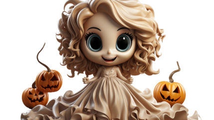 Cute Cartoon Scary Bride Halloween with pumpkin isolated on transparent background.