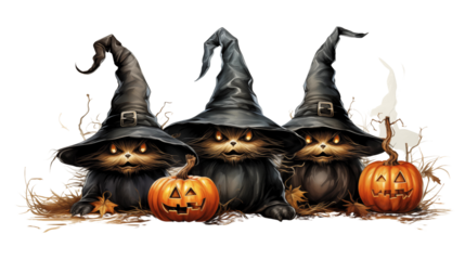 Cute halloween pumpkin watercolor style. Halloween pumpkins wearing witch hat isolated on transparent background.