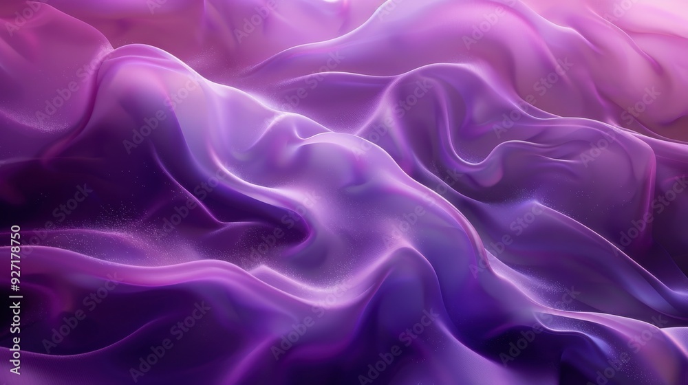 Poster The image shows a close-up of purple silk fabric, draped and flowing in soft waves. The fabric is illuminated from above, creating a subtle gradient of color from deep purple to lighter shades. The fo