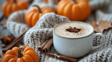 A cup of coffee with Halloween pumpkins is set on a knitted woolen plaid, featuring cinnamon sticks and autumn decor in a cozy hygge style.