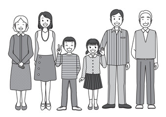 笑顔で横に並んだ全身の6人家族-白黒