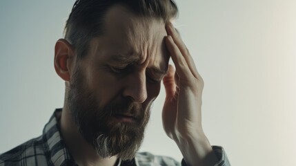 Fototapeta premium A bearded man in a plaid shirt holds his temple with a pained expression, suggesting stress or a headache under soft lighting.