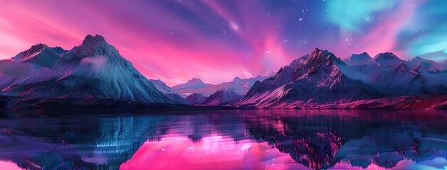 3D render of beautiful northern lights over mountains, lake reflection, purple sky, pink and blue, fantasy landscape, beauty of nature's natural display
